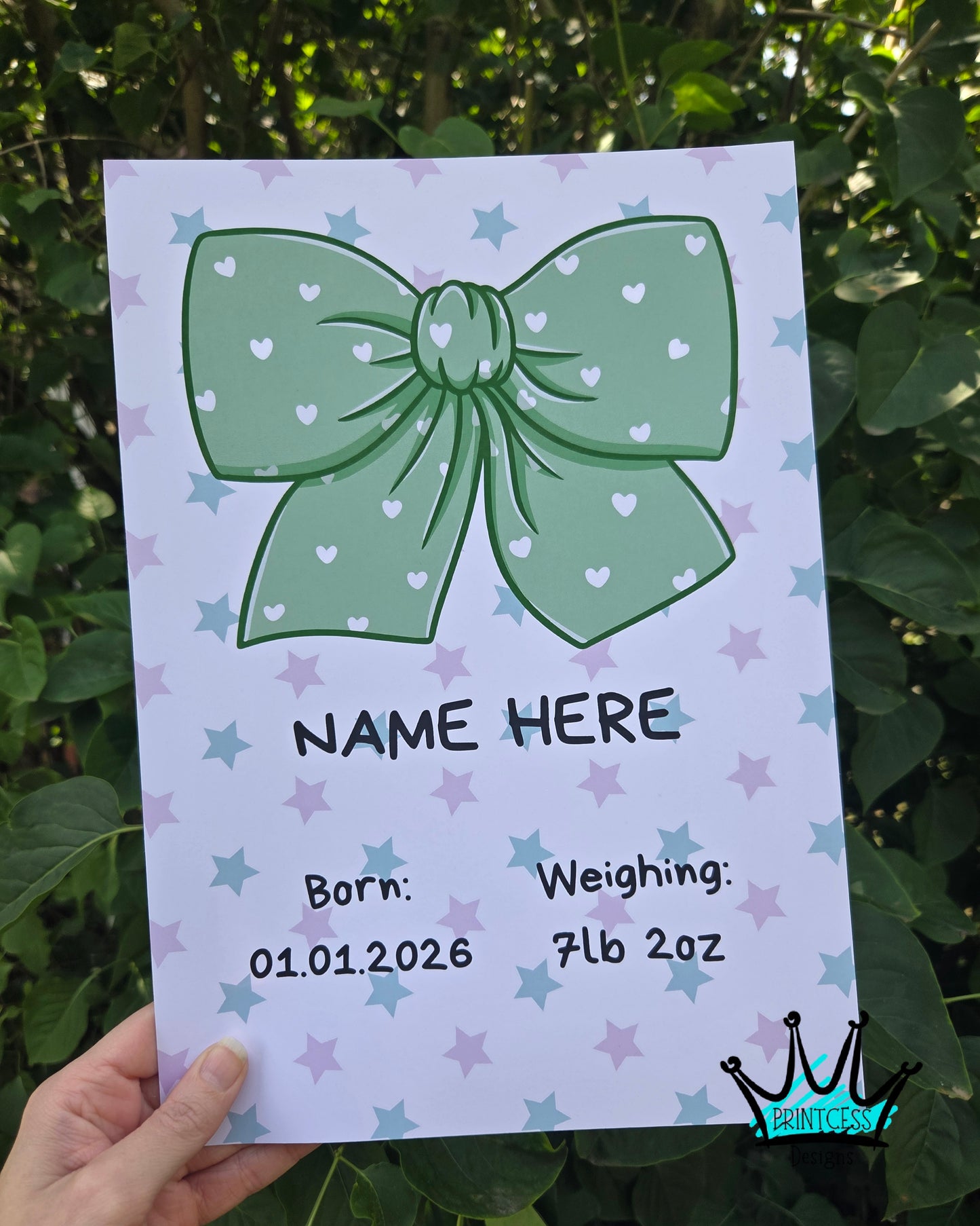 Personalised Baby Keepsake Print - Green Bow