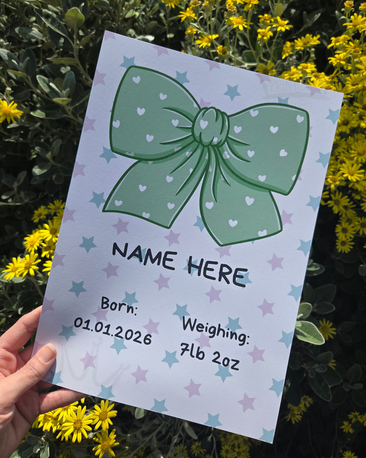 Personalised Baby Keepsake Print - Green Bow