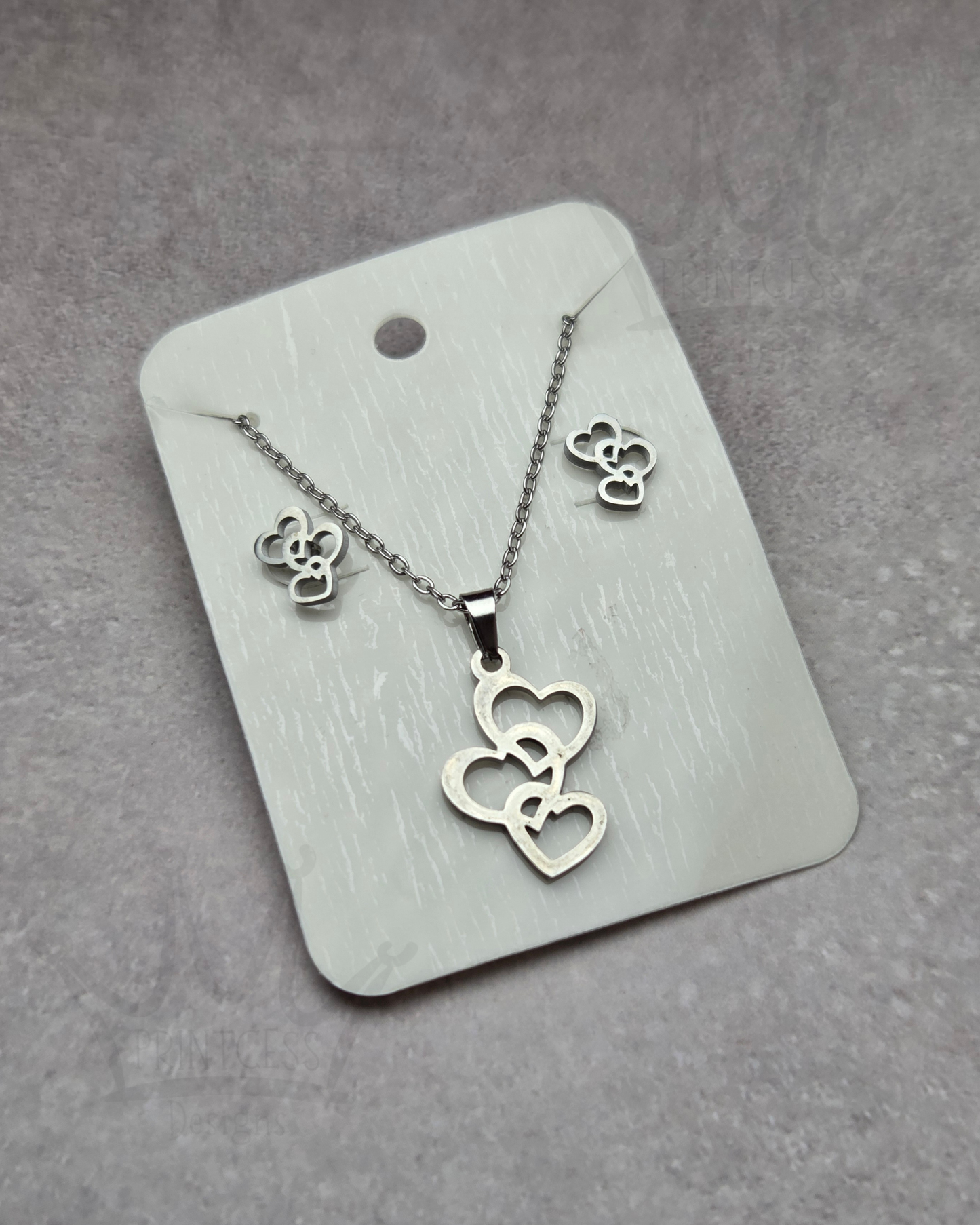 Triple Heart Necklace & Earrings Set- Stainless Steel