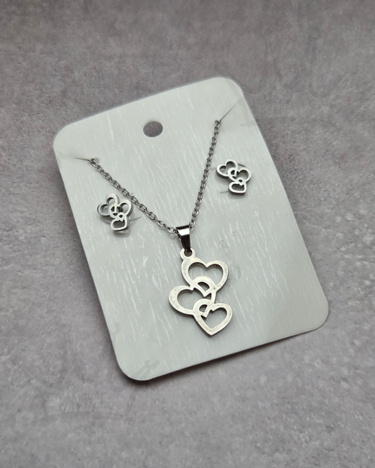 Triple Heart Necklace & Earrings Set- Stainless Steel