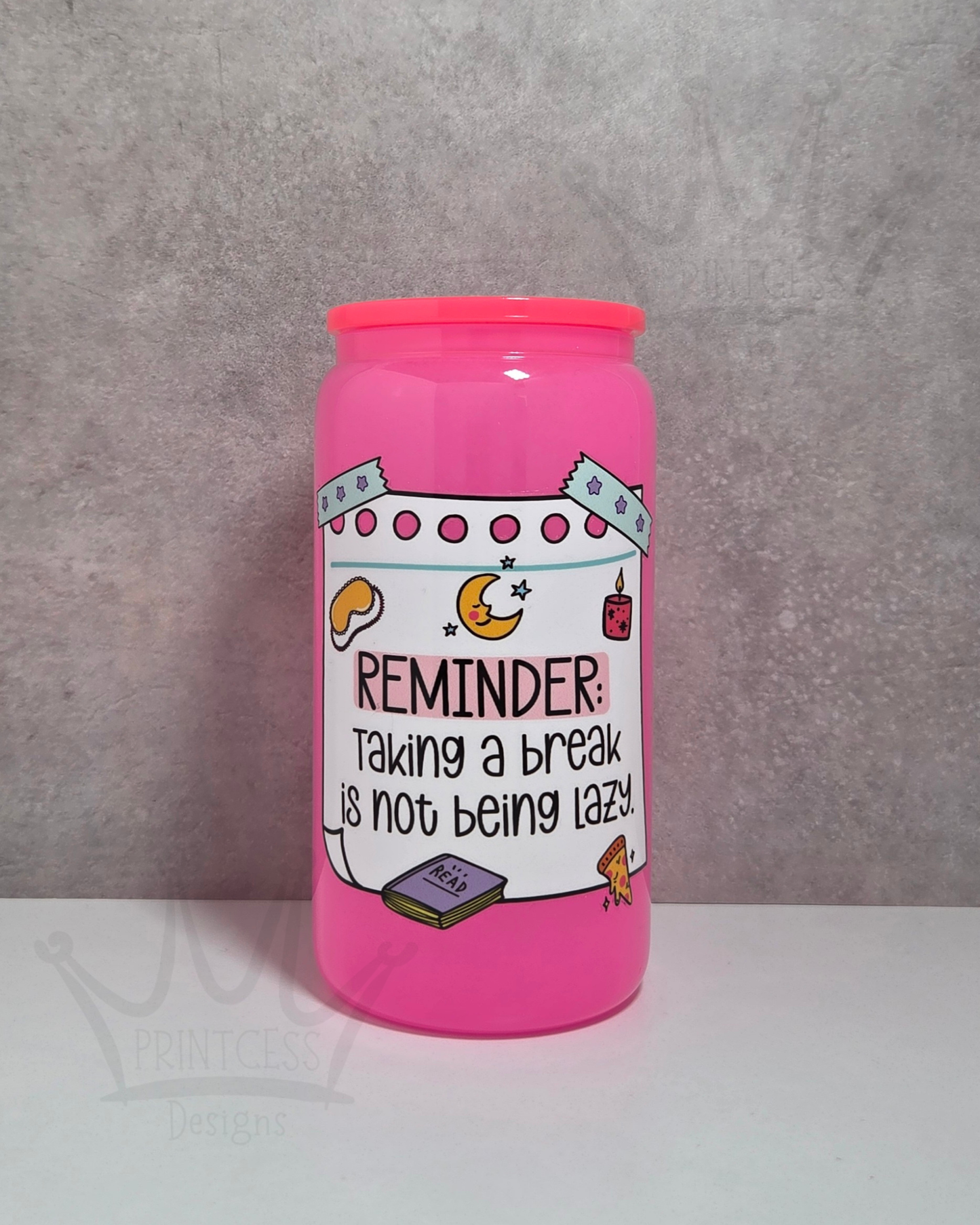 'Taking a Break' Glass Libby - Neon Pink