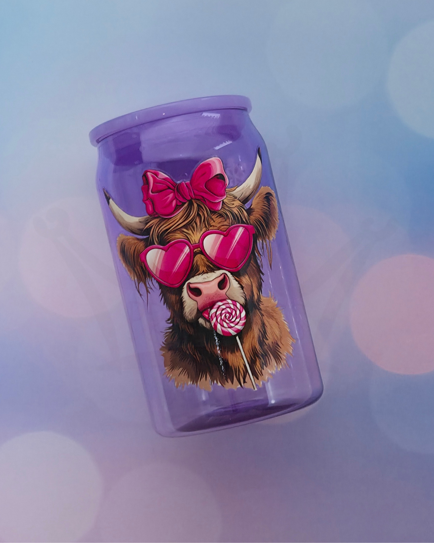 'Pink Bow Highland Cow' - Purple Plastic Libby Cup