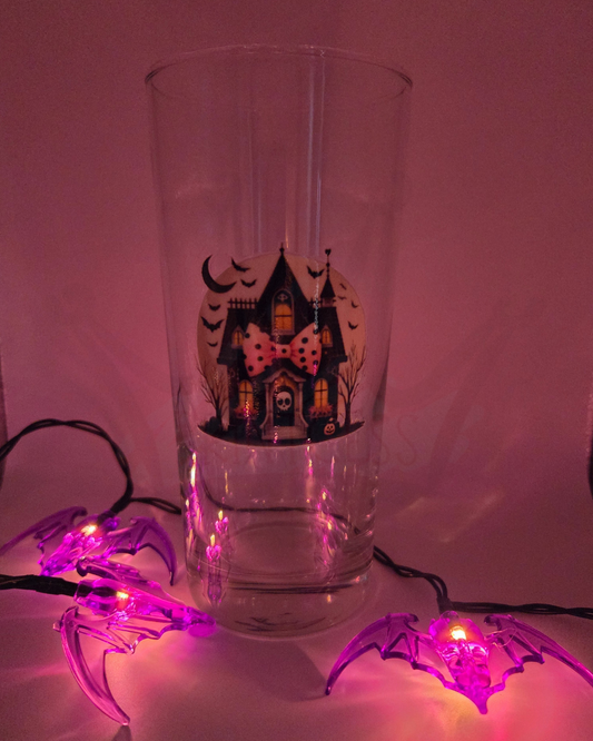 'Pink Bow Halloween House' 40cl Glass